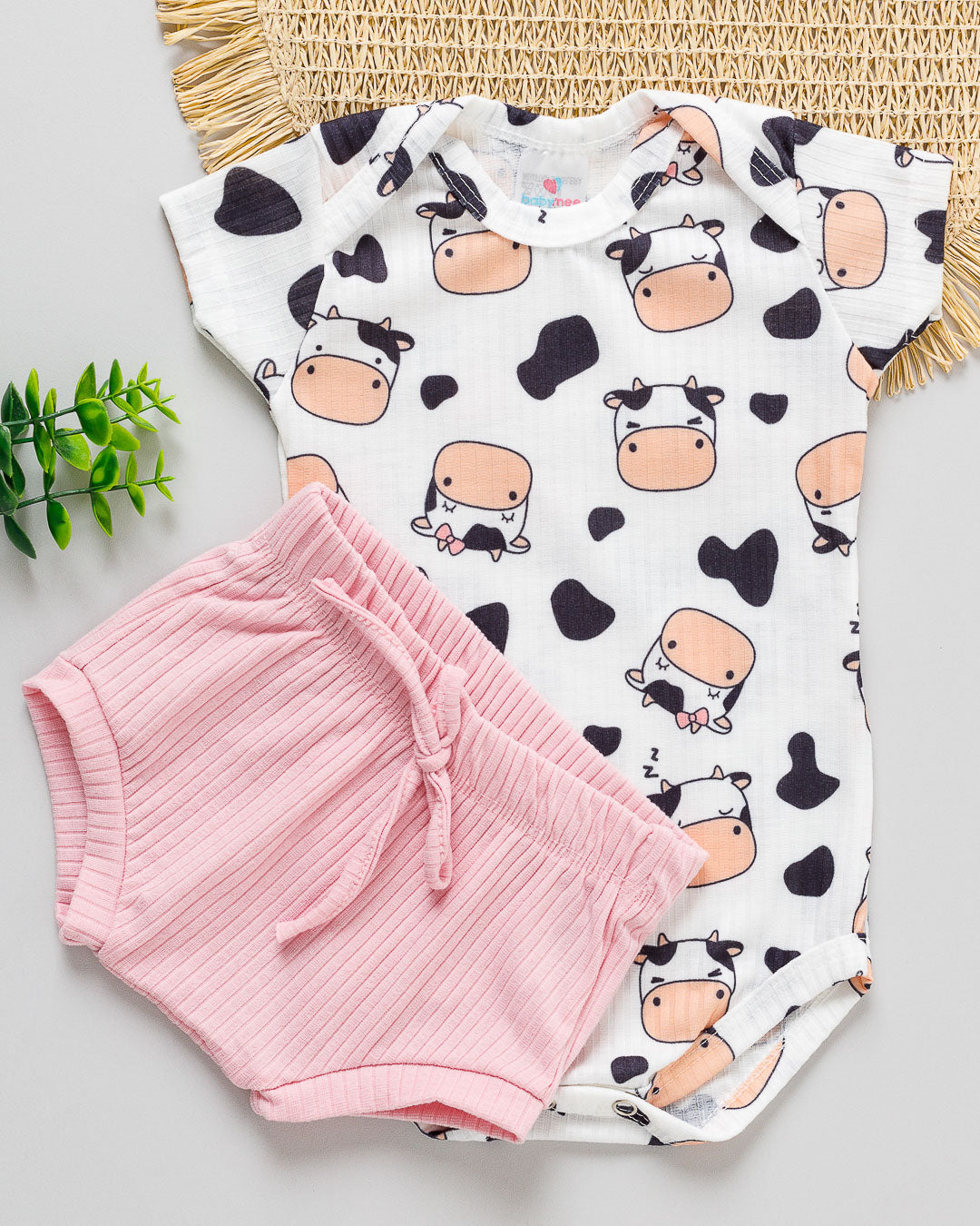 Conjunto Body e Tapa Fralda Bebê Canelado Estampado Vaquinha