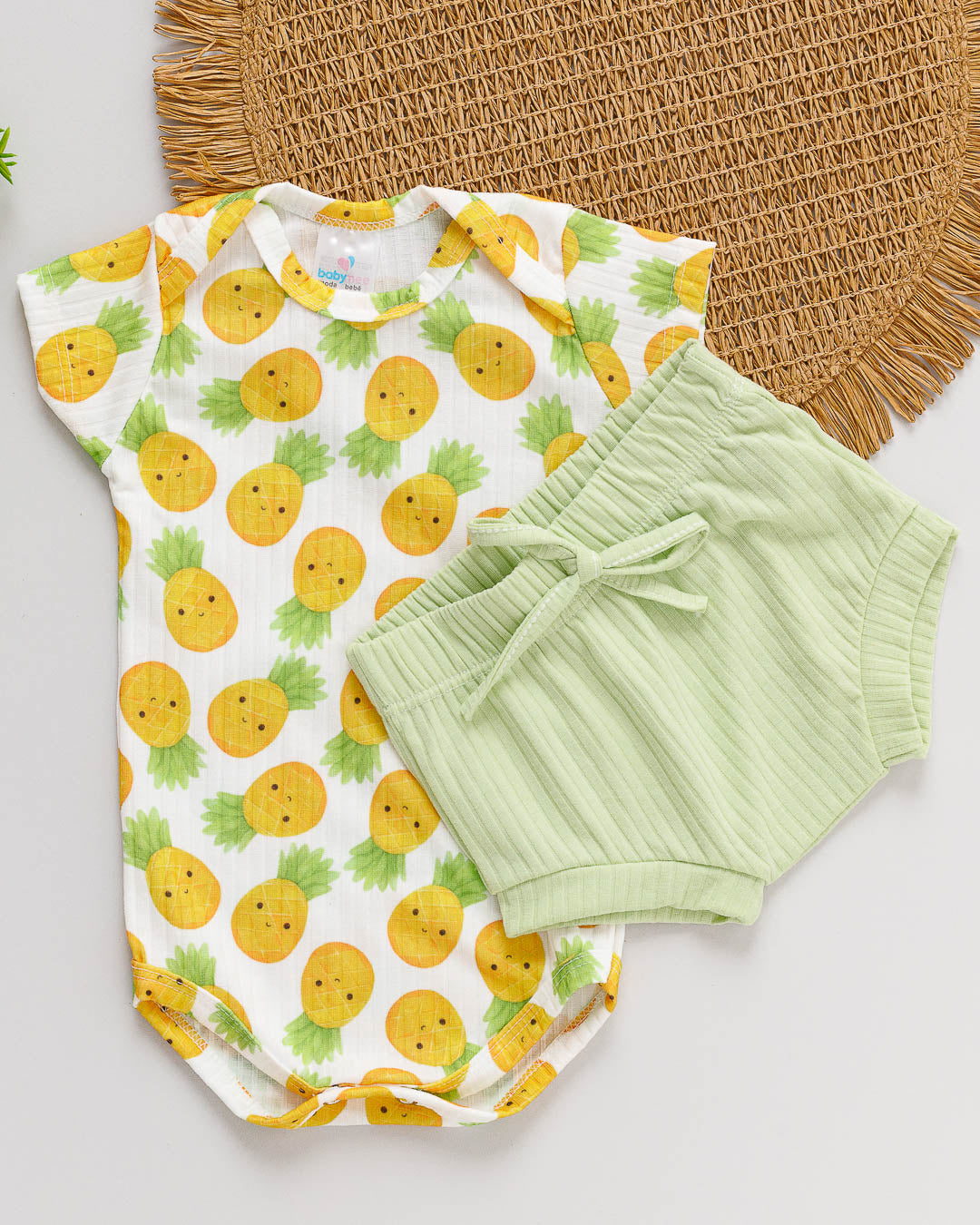 Conjunto Body e Tapa Fralda Canelado Bebê Estampado Abacaxi