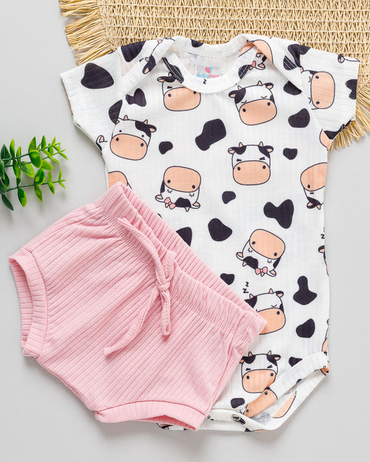 Conjunto Body e Tapa Fralda Bebê Canelado Estampado Vaquinha