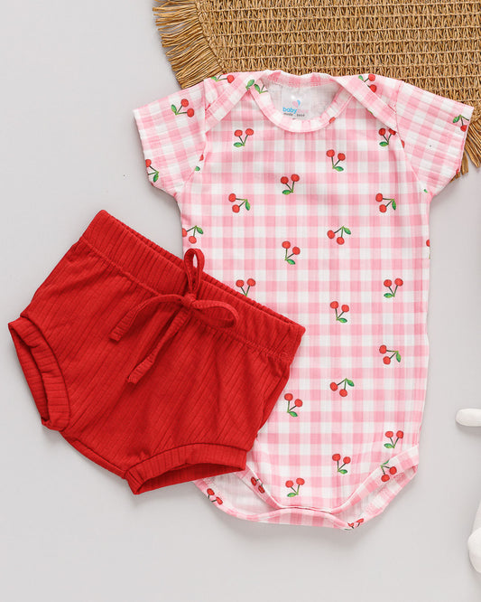 Conjunto Body e Tapa Fralda Canelado Bebê Estampado Cereja