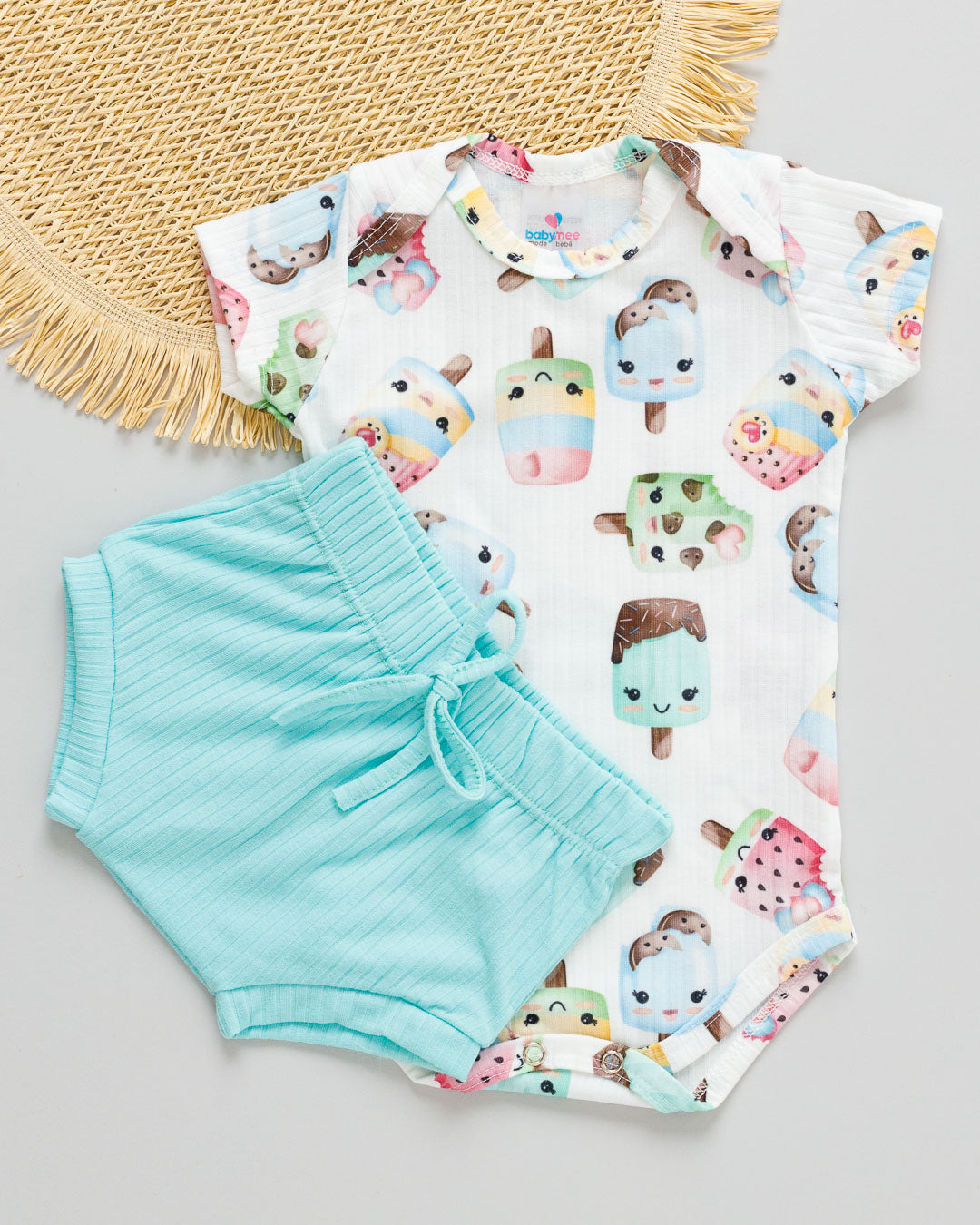 Conjunto Body e Tapa Fralda Canelado Bebê Estampado Picolé- G