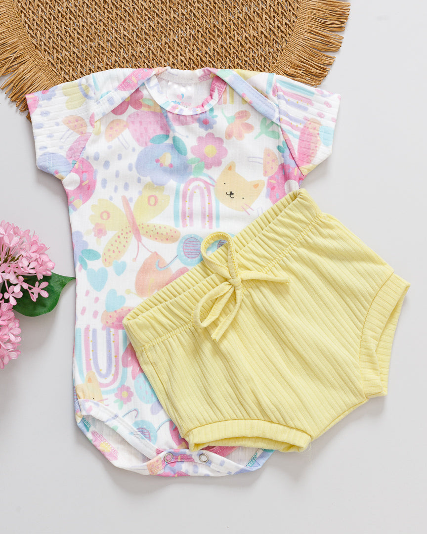 Conjunto Body e Tapa Fralda Canelado Bebê Estampado Arco-íris e Flores G