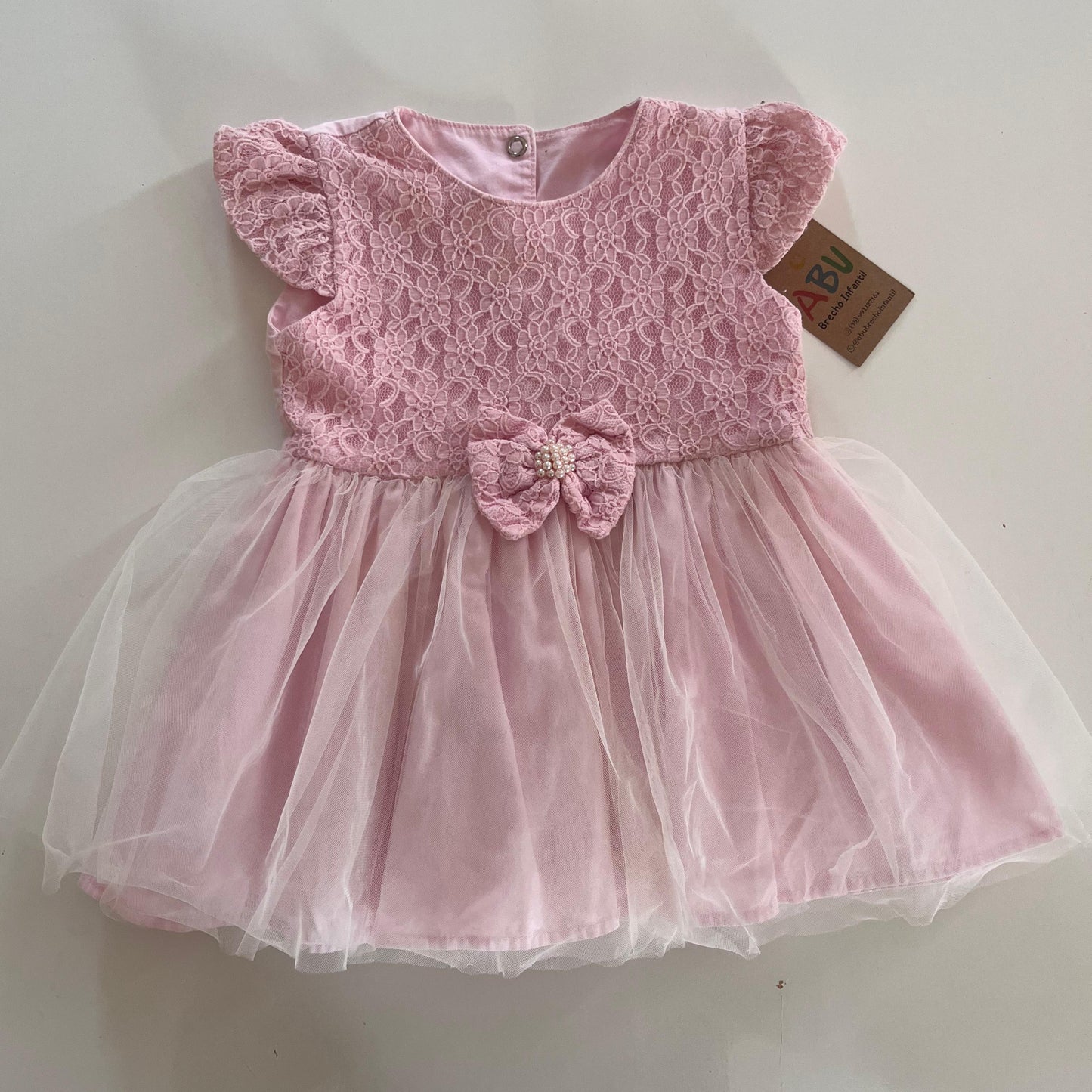 Vestido de Festa Elegante de Renda Rosa e Tule para Bebê Menina M de 6 a 9 meses