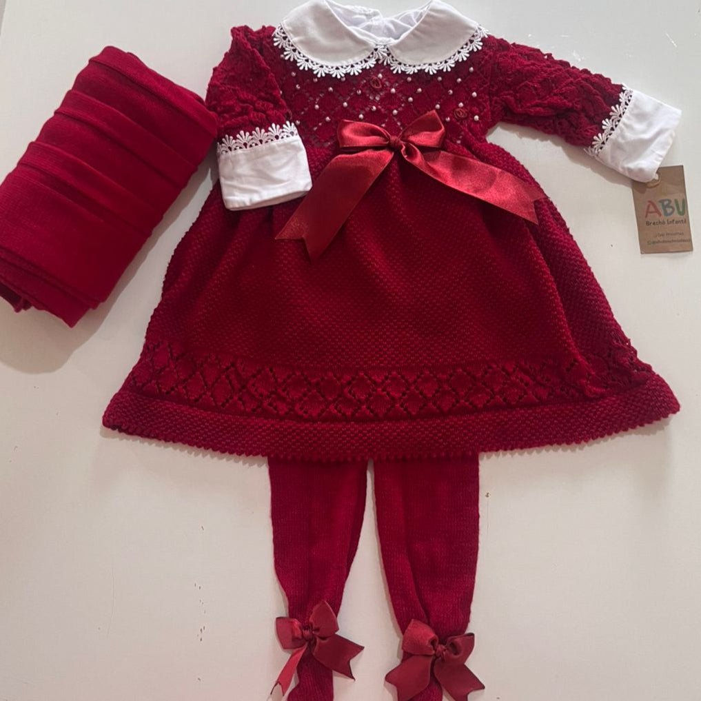 Saída Maternidade Avelã Pérolas Vermelha 4 Peças