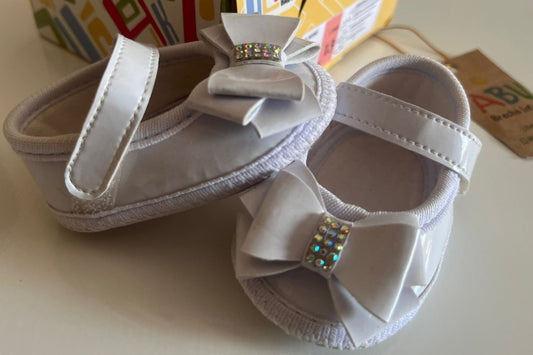 Sapatilha para bebê em verniz Laço Duplo Strass Branca - Keto Baby -Numero 13 de 0 a 3 meses 8,8 cm em média