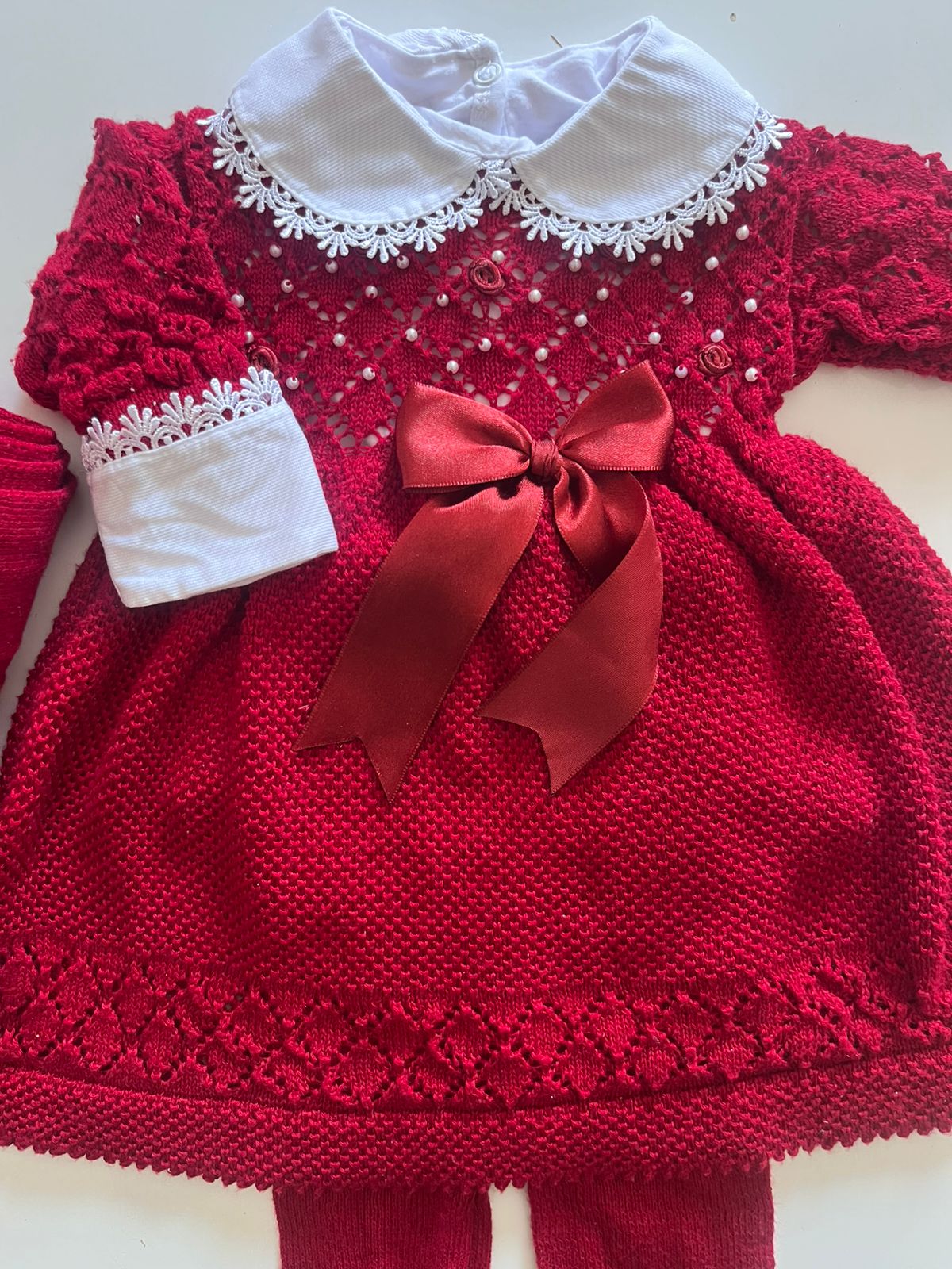 Saída Maternidade Avelã Pérolas Vermelha 4 Peças