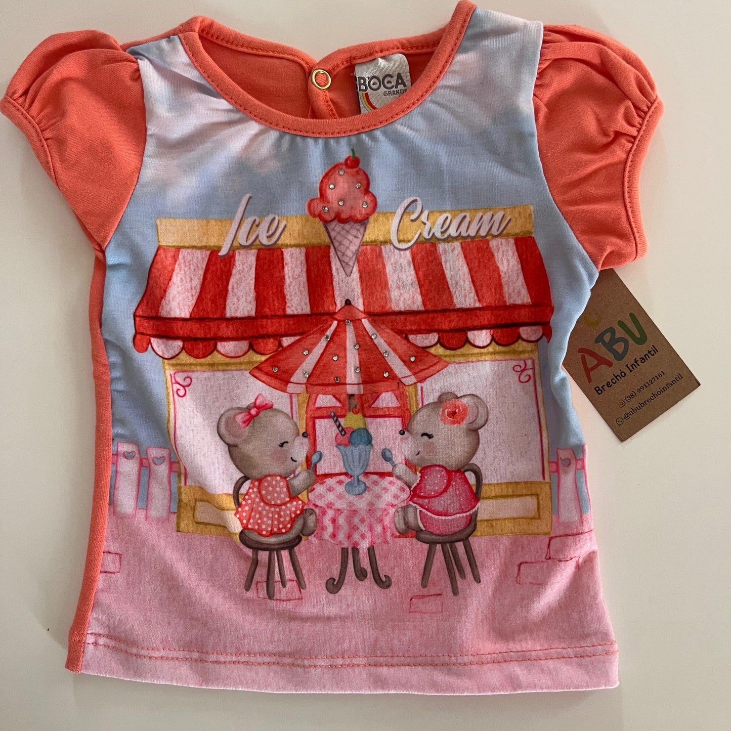 Baby look Infantil Boca Grande com manga balonê coleção  Summer Tam M