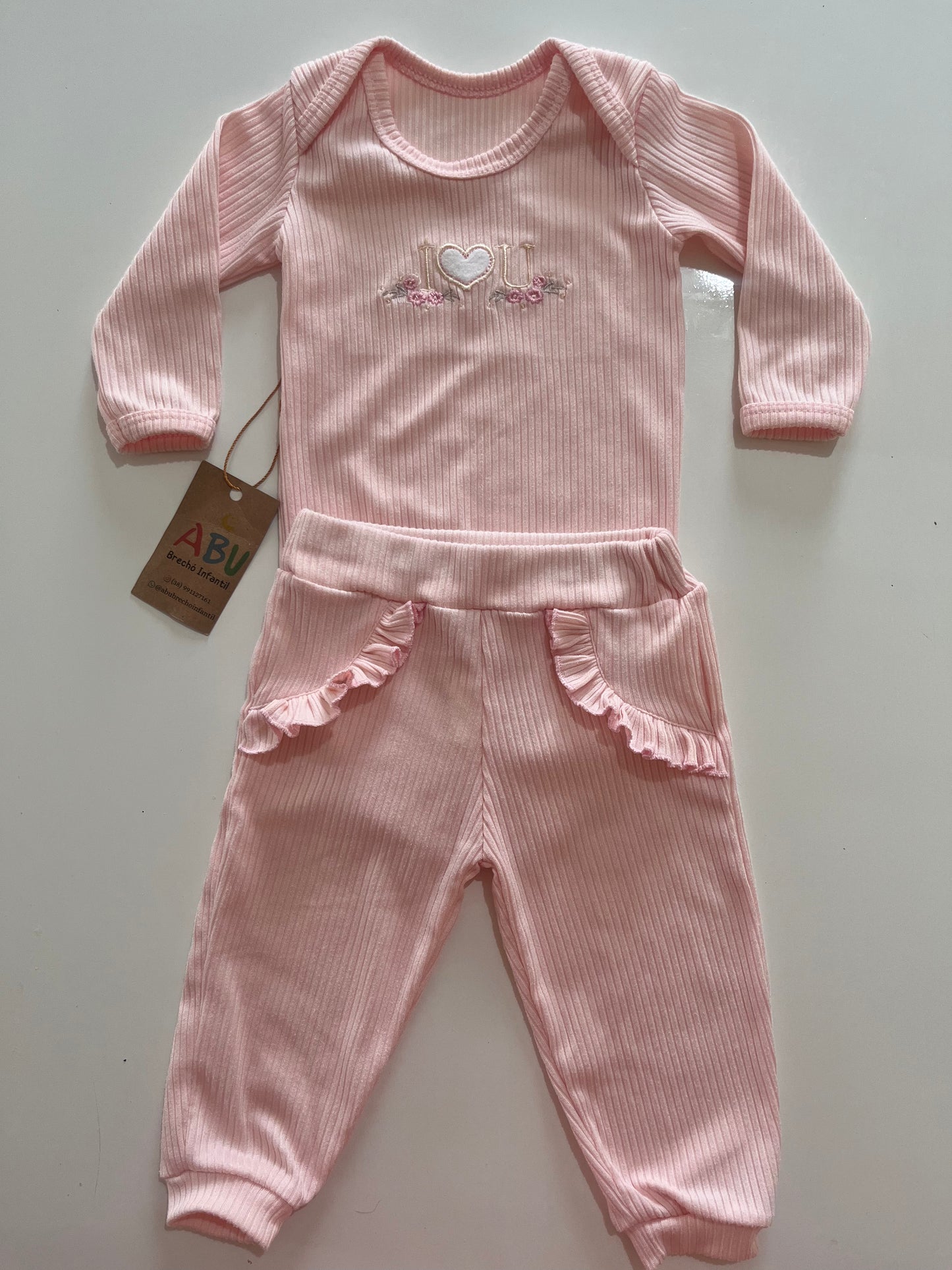 Conjunto de body canelado rosa retrô para bebê menina