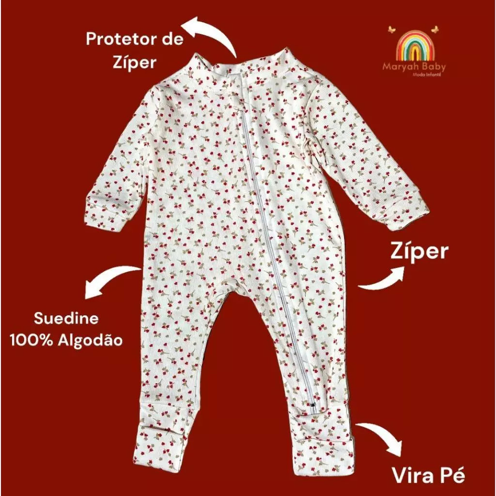 Macacão Para Menina Estampado Floral Florzinha Moderno Com Zíper Delicado -P